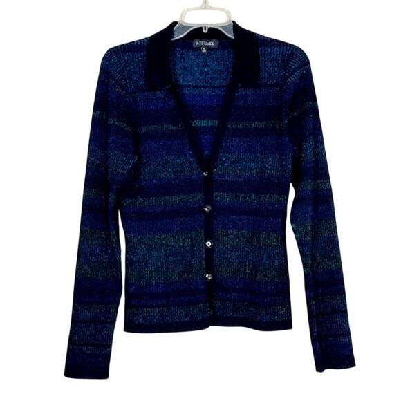 Intermix Sienna Ribbed Metallic Blue Green Striped Lurex Cardigan Collar Stretch - Picture 4 of 14